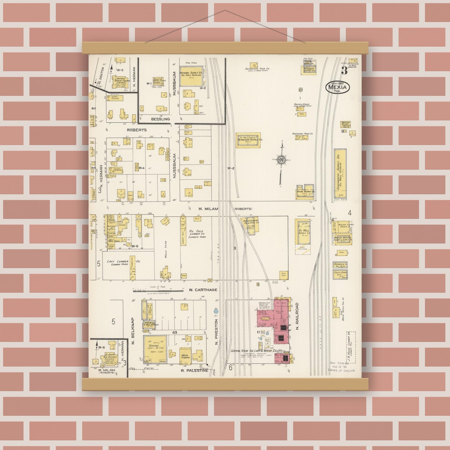 Old map wall art mockup — magnetic wood frame on brick wall — Sanborn Fire Insurance Map from Mexia, Limestone County, Texas (1922), Sheet #0003