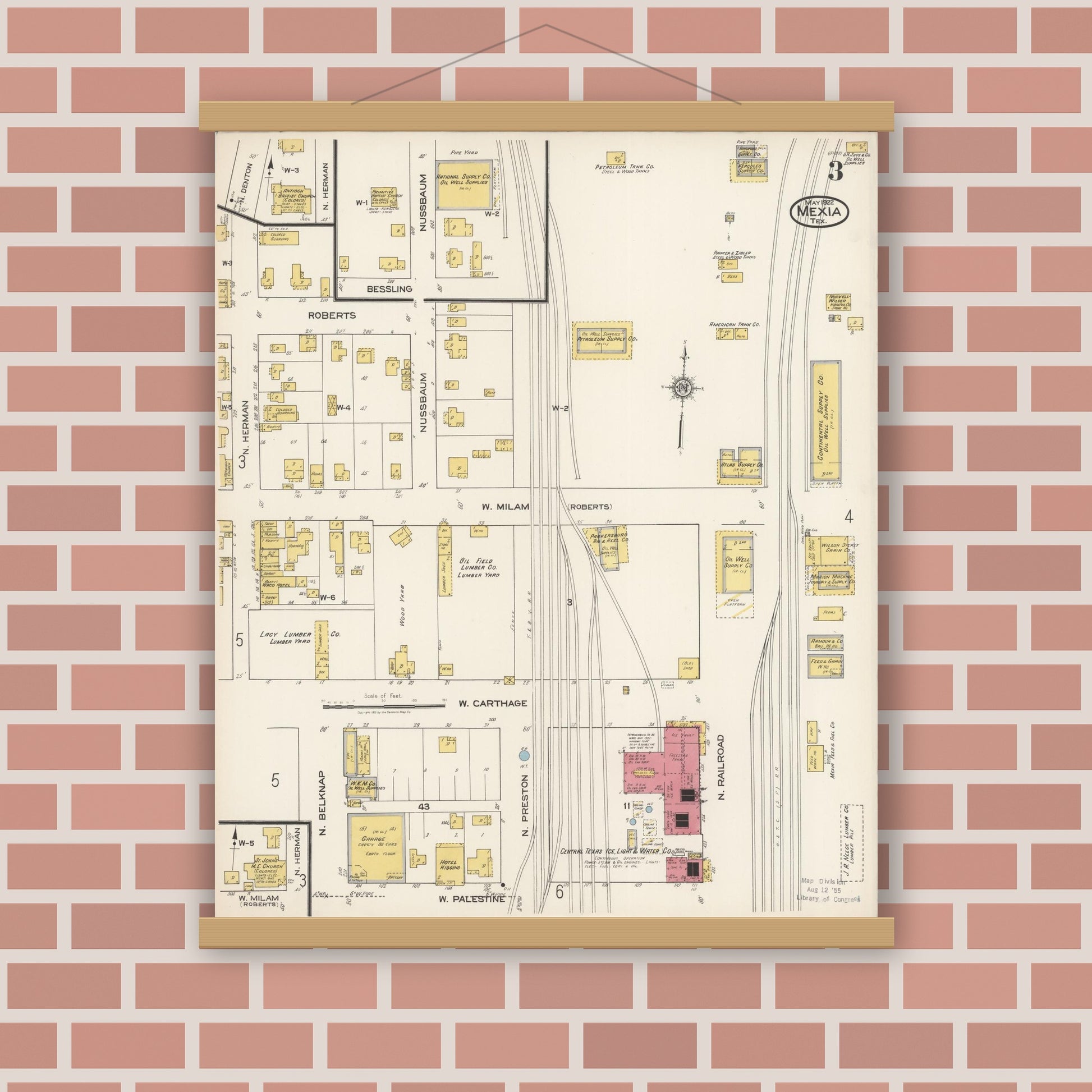 Old map wall art mockup — magnetic wood frame on brick wall — Sanborn Fire Insurance Map from Mexia, Limestone County, Texas (1922), Sheet #0003