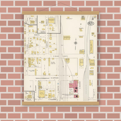 Old map wall art mockup — magnetic wood frame on brick wall — Sanborn Fire Insurance Map from Mexia, Limestone County, Texas (1922), Sheet #0003