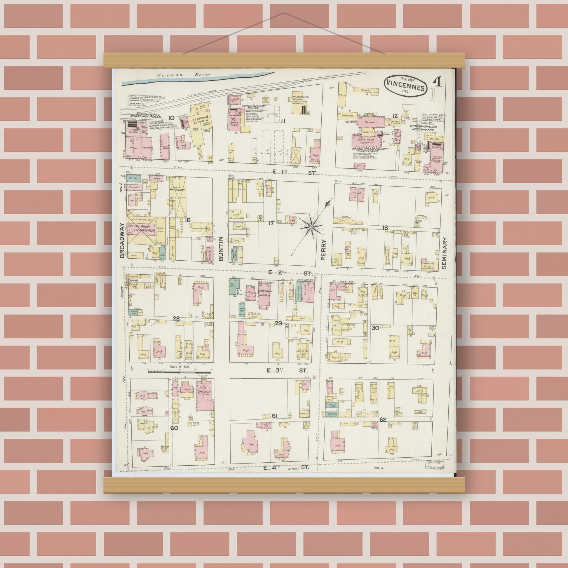 Old map wall art mockup — magnetic wood frame on brick wall — Sanborn Fire Insurance Map from Vincennes, Knox County, Indiana (1887), Sheet #0004