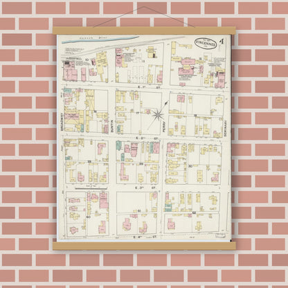 Old map wall art mockup — magnetic wood frame on brick wall — Sanborn Fire Insurance Map from Vincennes, Knox County, Indiana (1887), Sheet #0004