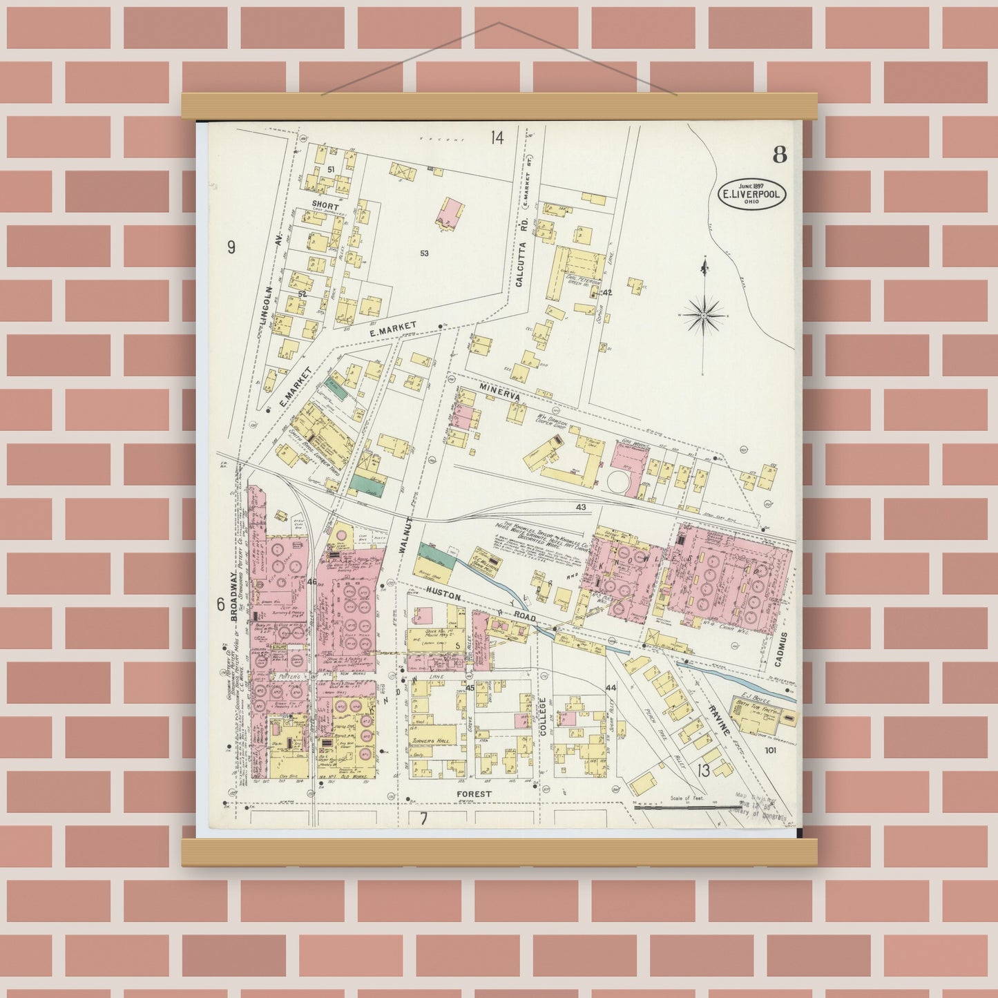Old map wall art mockup — magnetic wood frame on brick wall — Sanborn Fire Insurance Map from East Liverpool, Columbiana County, Ohio (1897), Sheet #0008