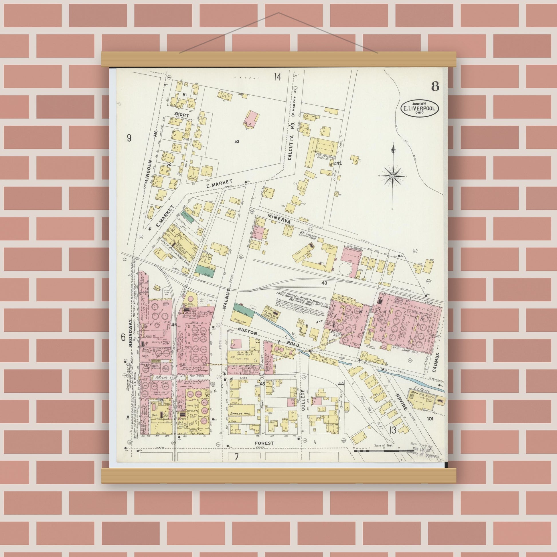 Old map wall art mockup — magnetic wood frame on brick wall — Sanborn Fire Insurance Map from East Liverpool, Columbiana County, Ohio (1897), Sheet #0008