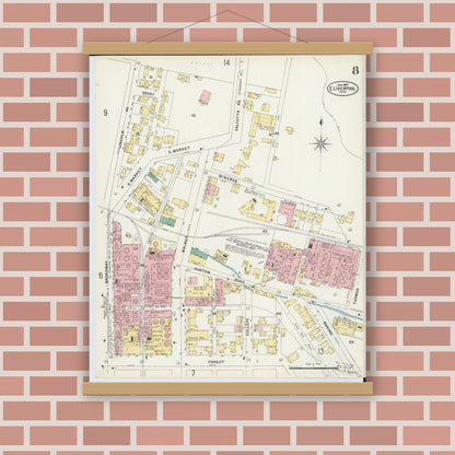 Old map wall art mockup — magnetic wood frame on brick wall — Sanborn Fire Insurance Map from East Liverpool, Columbiana County, Ohio (1897), Sheet #0008
