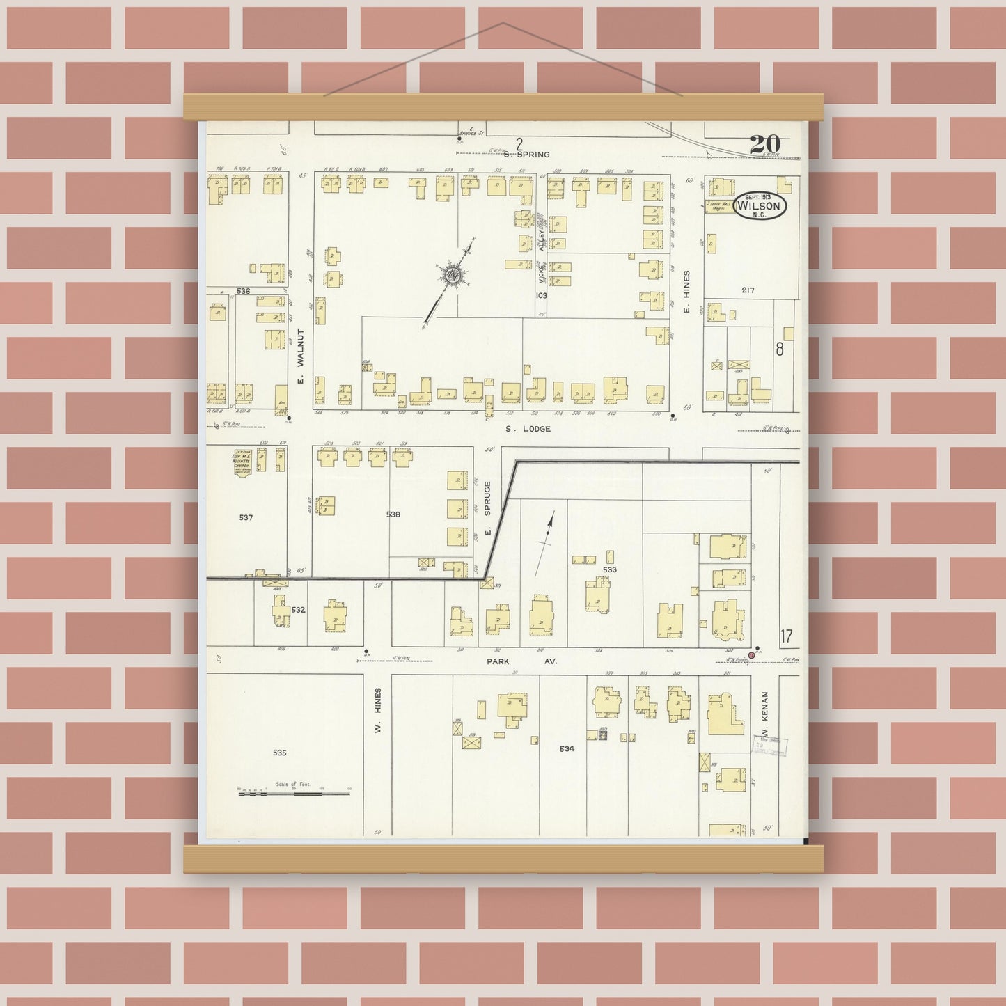 Old map wall art mockup — magnetic wood frame on brick wall — Sanborn Fire Insurance Map from Wilson, Wilson County, North Carolina (1913), Sheet #0020