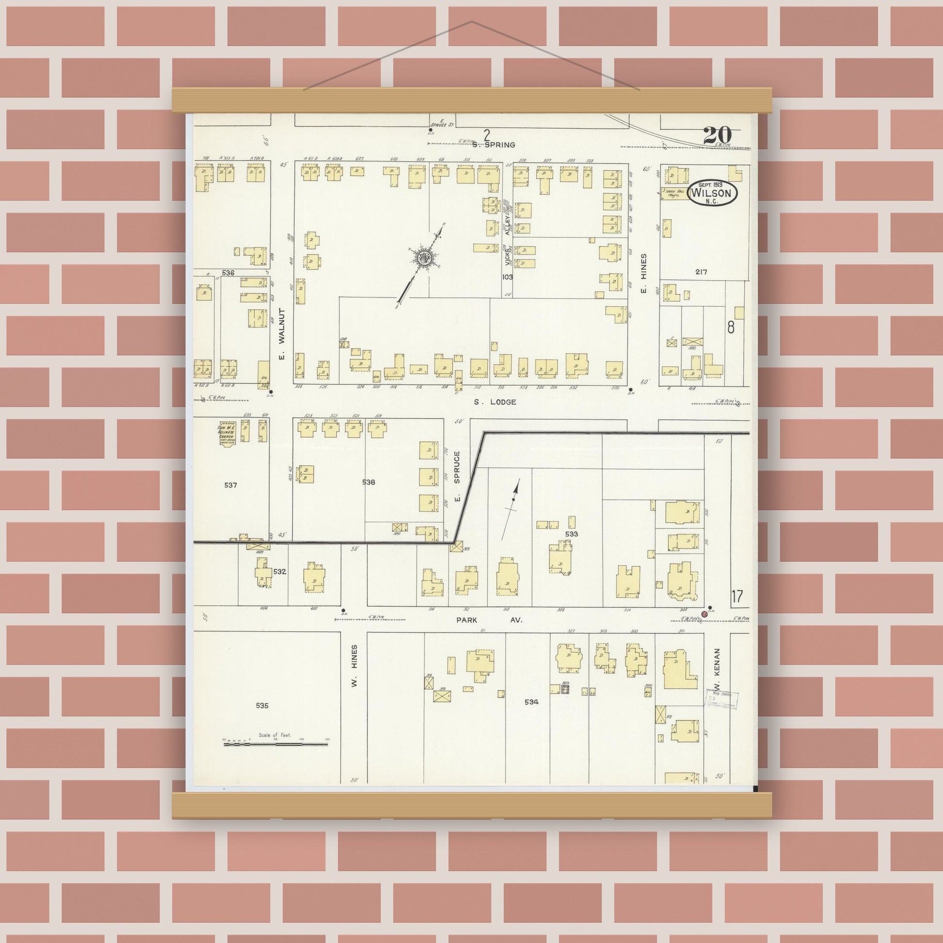 Old map wall art mockup — magnetic wood frame on brick wall — Sanborn Fire Insurance Map from Wilson, Wilson County, North Carolina (1913), Sheet #0020