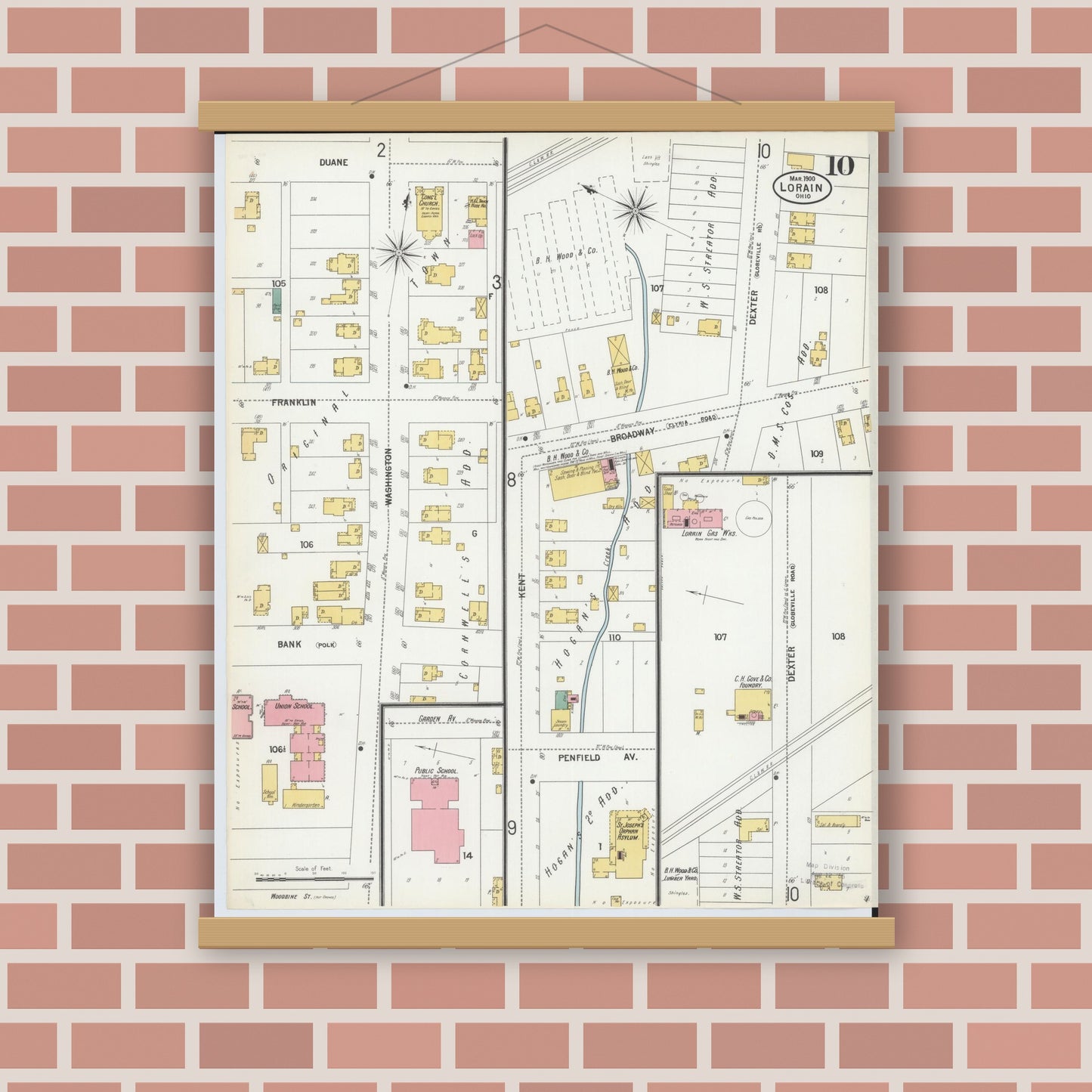 Old map wall art mockup — magnetic wood frame on brick wall — Sanborn Fire Insurance Map from Lorain, Lorain County, Ohio (1900), Sheet #0010
