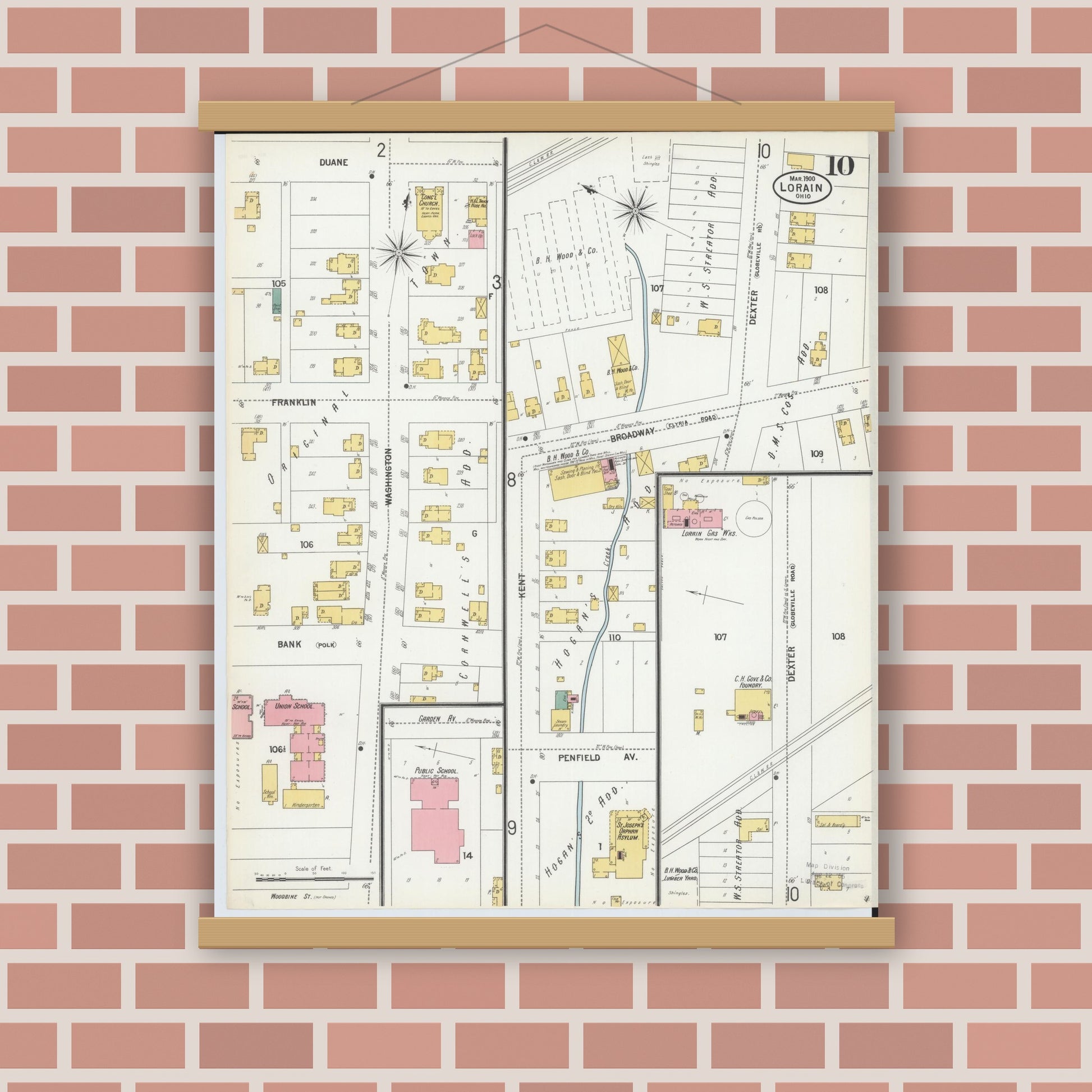 Old map wall art mockup — magnetic wood frame on brick wall — Sanborn Fire Insurance Map from Lorain, Lorain County, Ohio (1900), Sheet #0010