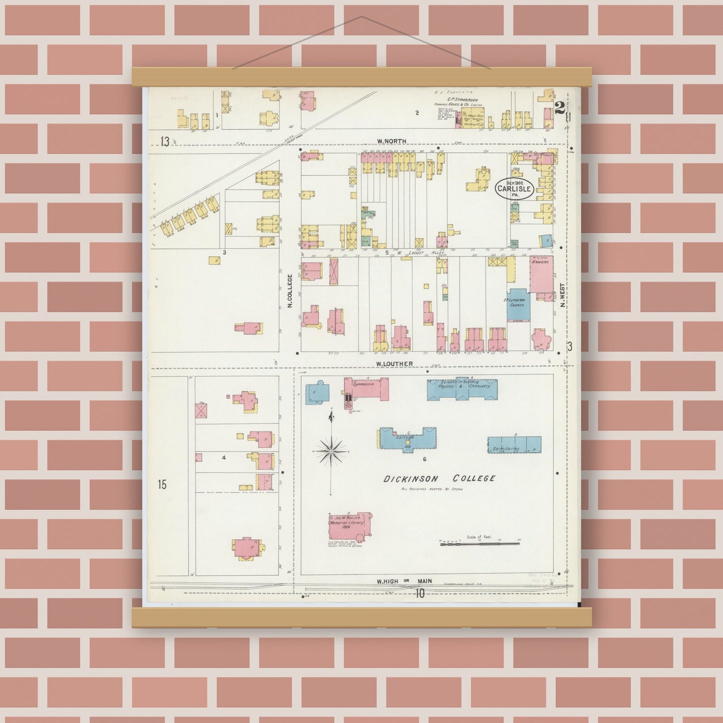 Old map wall art mockup — magnetic wood frame on brick wall — Sanborn Fire Insurance Map from Carlisle, Cumberland County, Pennsylvania (1902), Sheet #0002