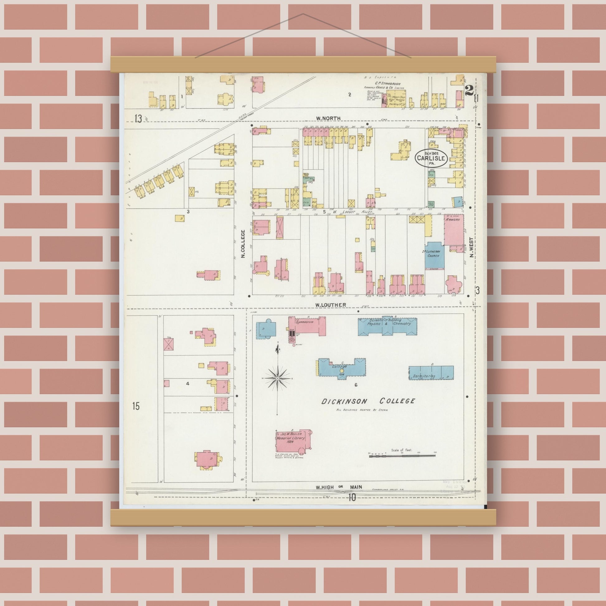 Old map wall art mockup — magnetic wood frame on brick wall — Sanborn Fire Insurance Map from Carlisle, Cumberland County, Pennsylvania (1902), Sheet #0002
