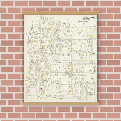 Old map wall art mockup — magnetic wood frame on brick wall — Sanborn Fire Insurance Map from Melrose, Middlesex County, Massachusetts (1915), Sheet #0025