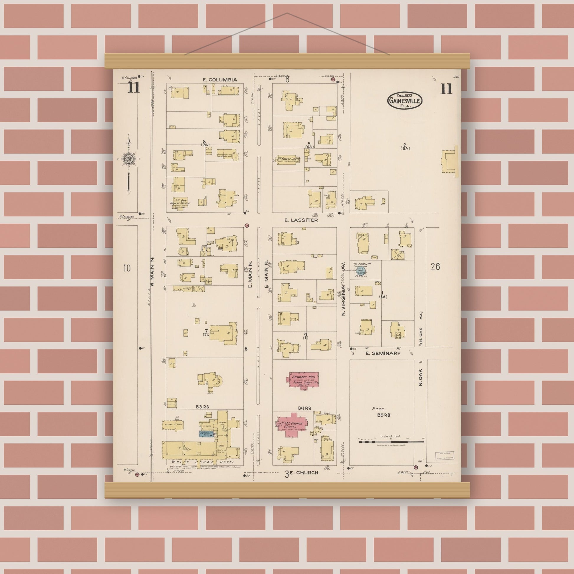 Old map wall art mockup — magnetic wood frame on brick wall — Sanborn Fire Insurance Map from Gainesville, Alachua County, Florida (1922), Sheet #0011
