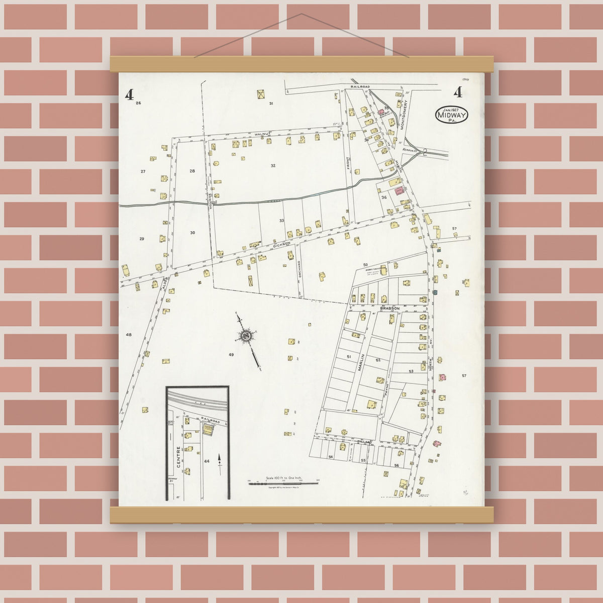 Old map wall art mockup — magnetic wood frame on brick wall — Sanborn Fire Insurance Map from Midway, Washington County, Pennsylvania (1927), Sheet #0004