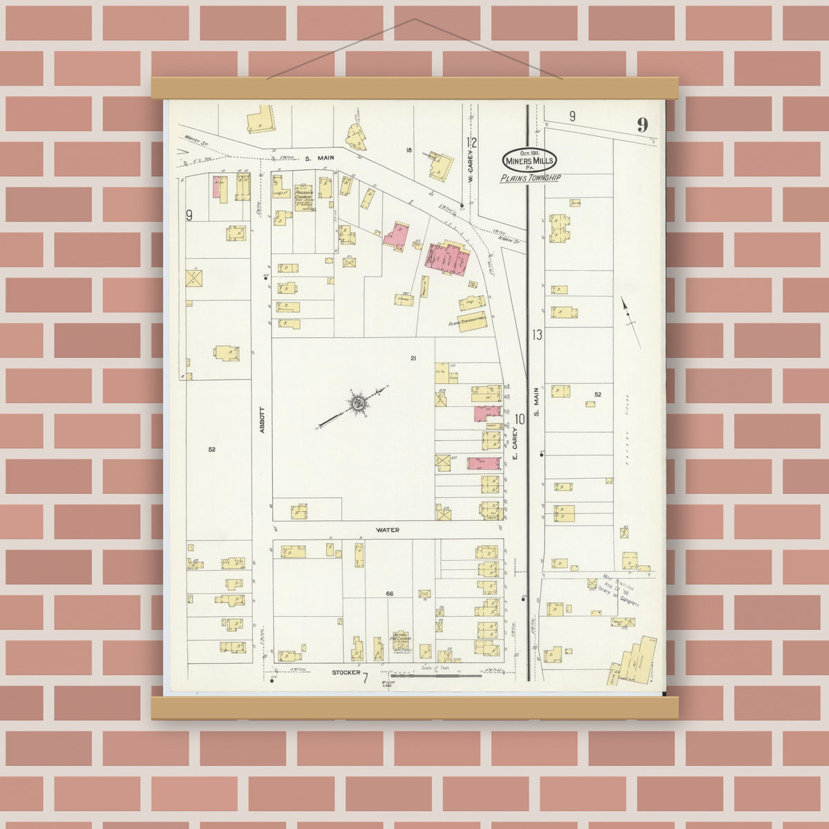 Old map wall art mockup — magnetic wood frame on brick wall — Sanborn Fire Insurance Map from Miners Mills, Luzerne County, Pennsylvania (1911), Sheet #0009