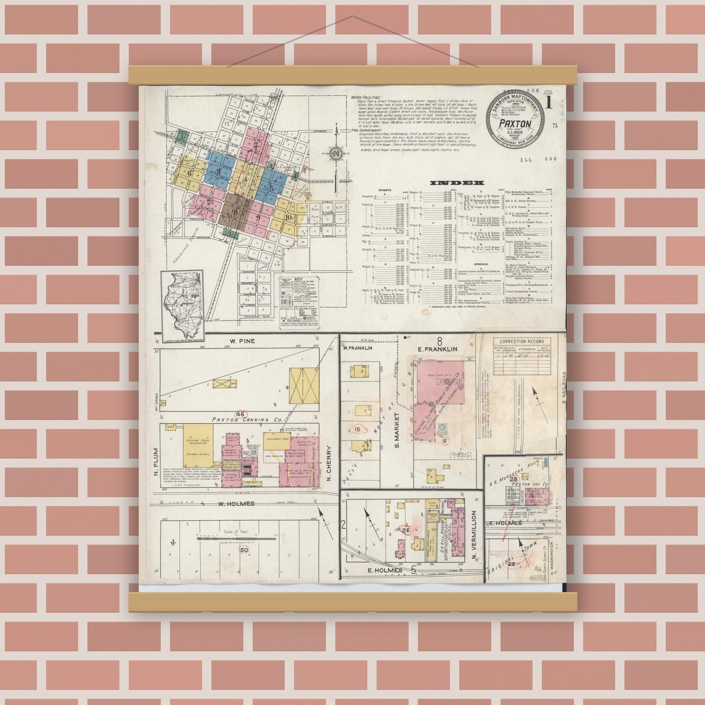 Old map wall art mockup — magnetic wood frame on brick wall — Sanborn Fire Insurance Map from Paxton, Ford County, Illinois (1932) - Complete Map Set