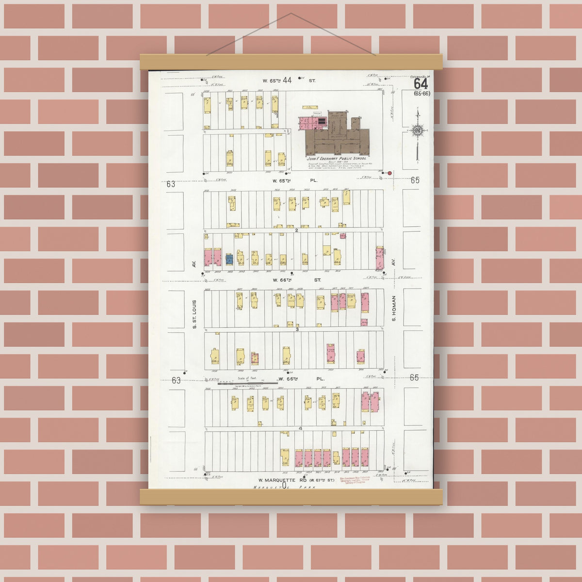 Old map wall art mockup — magnetic wood frame on brick wall — Sanborn Fire Insurance Map from Chicago, Cook County, Illinois (1920), Sheet #0064