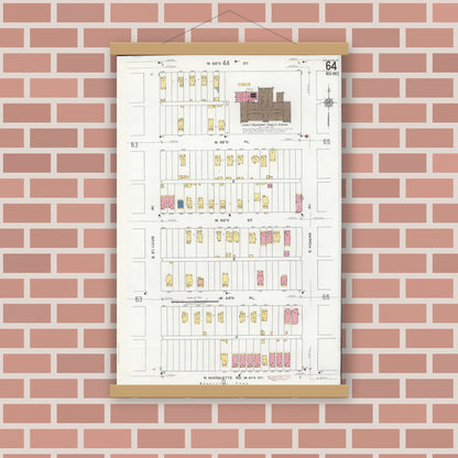 Old map wall art mockup — magnetic wood frame on brick wall — Sanborn Fire Insurance Map from Chicago, Cook County, Illinois (1920), Sheet #0064