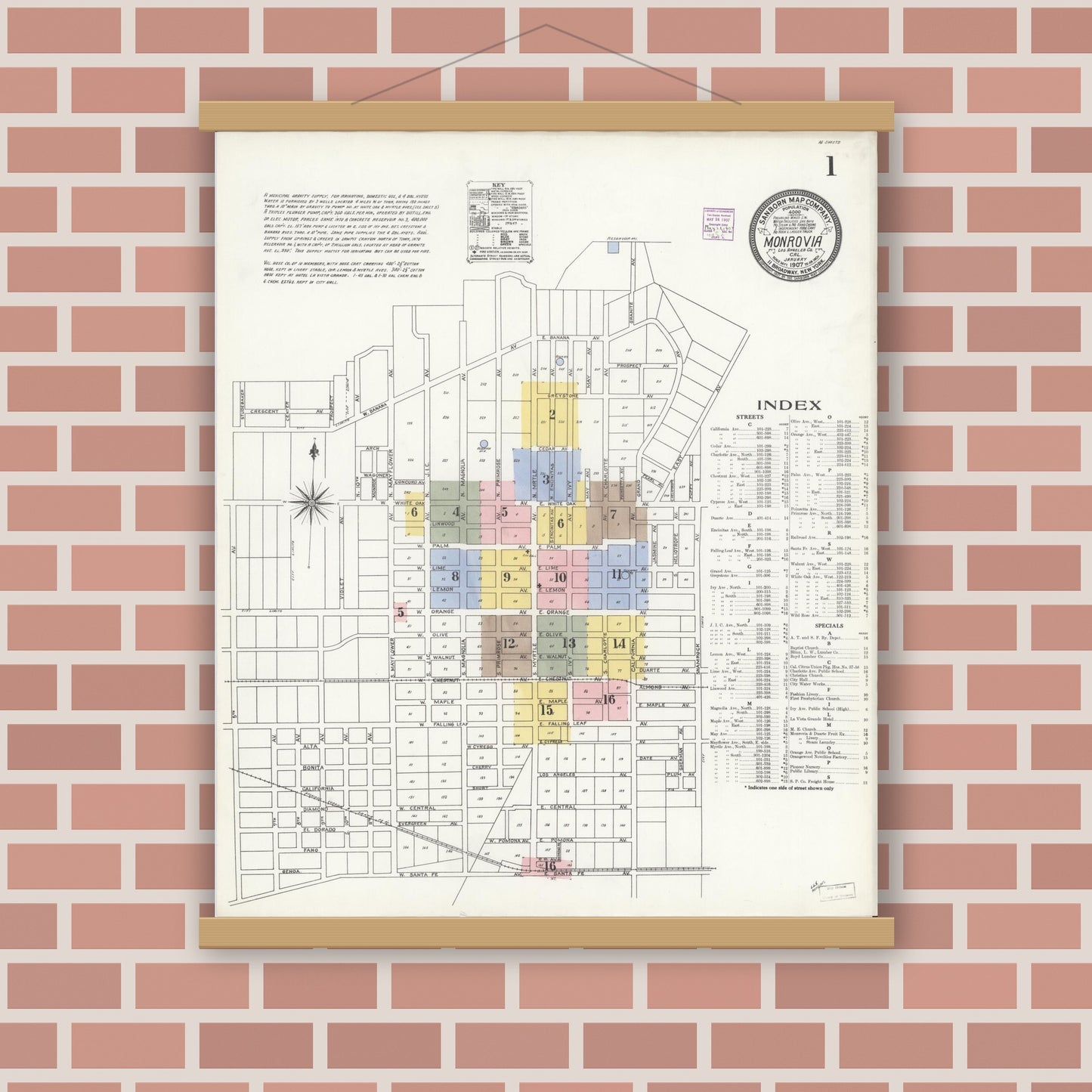 Old map wall art mockup — magnetic wood frame on brick wall — Sanborn Fire Insurance Map from Monrovia, Los Angeles County, California (1907), Sheet #0001