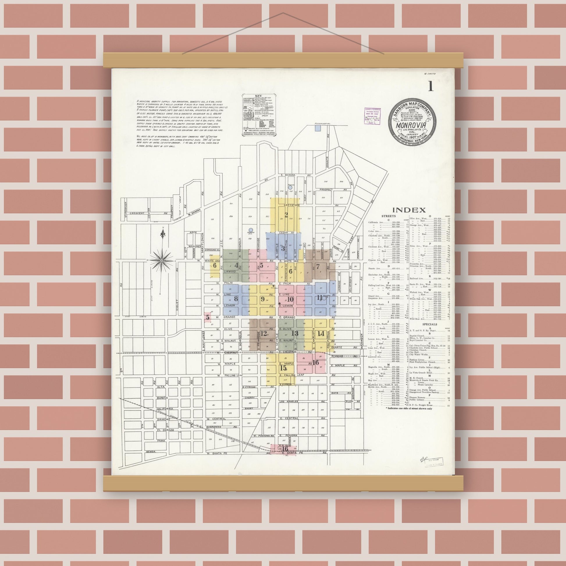 Old map wall art mockup — magnetic wood frame on brick wall — Sanborn Fire Insurance Map from Monrovia, Los Angeles County, California (1907), Sheet #0001