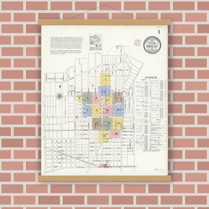 Old map wall art mockup — magnetic wood frame on brick wall — Sanborn Fire Insurance Map from Monrovia, Los Angeles County, California (1907), Sheet #0001