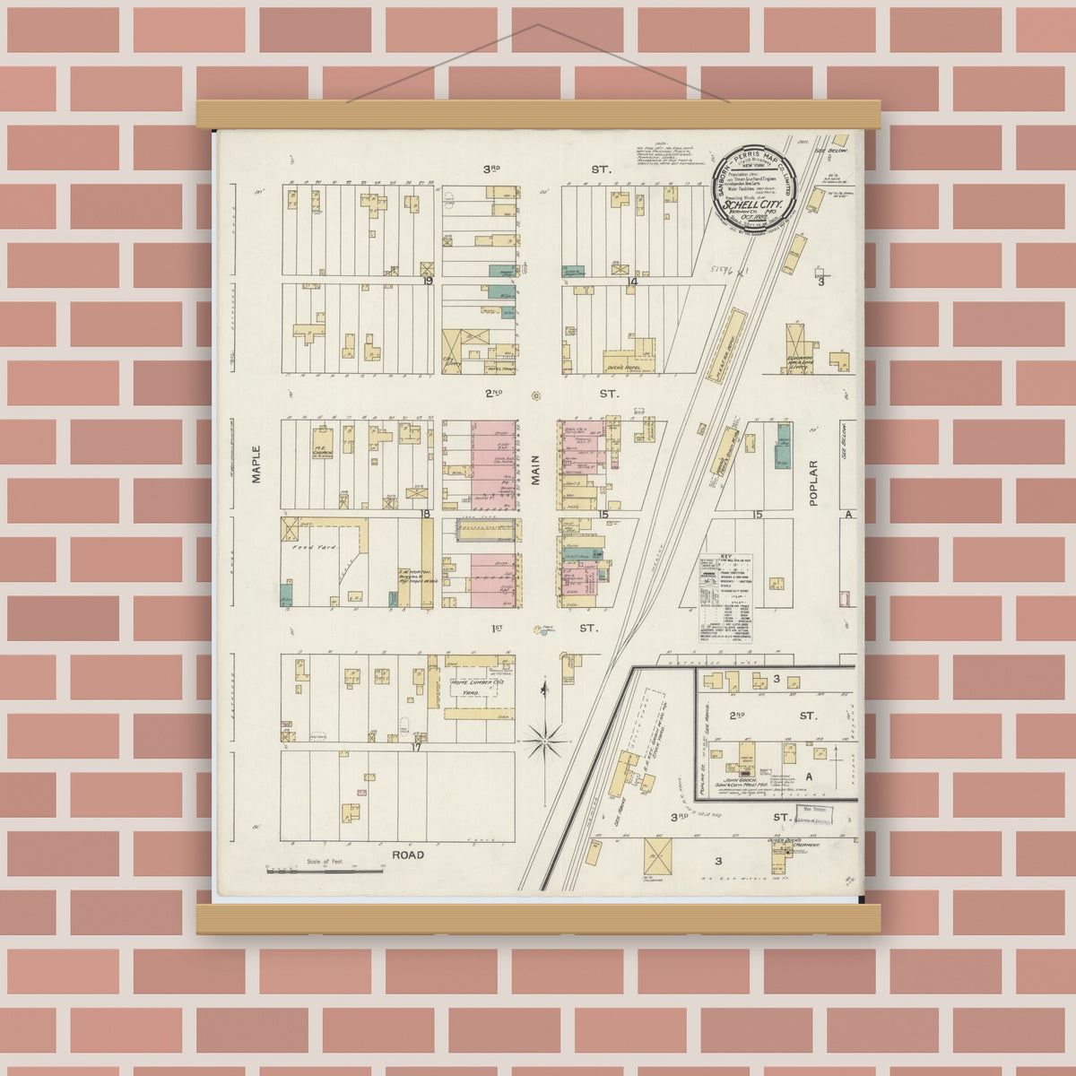 Old map wall art mockup — magnetic wood frame on brick wall — Sanborn Fire Insurance Map from Schell City, Vernon County, Missouri (1892), Sheet #0001