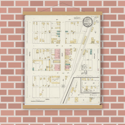 Old map wall art mockup — magnetic wood frame on brick wall — Sanborn Fire Insurance Map from Schell City, Vernon County, Missouri (1892), Sheet #0001