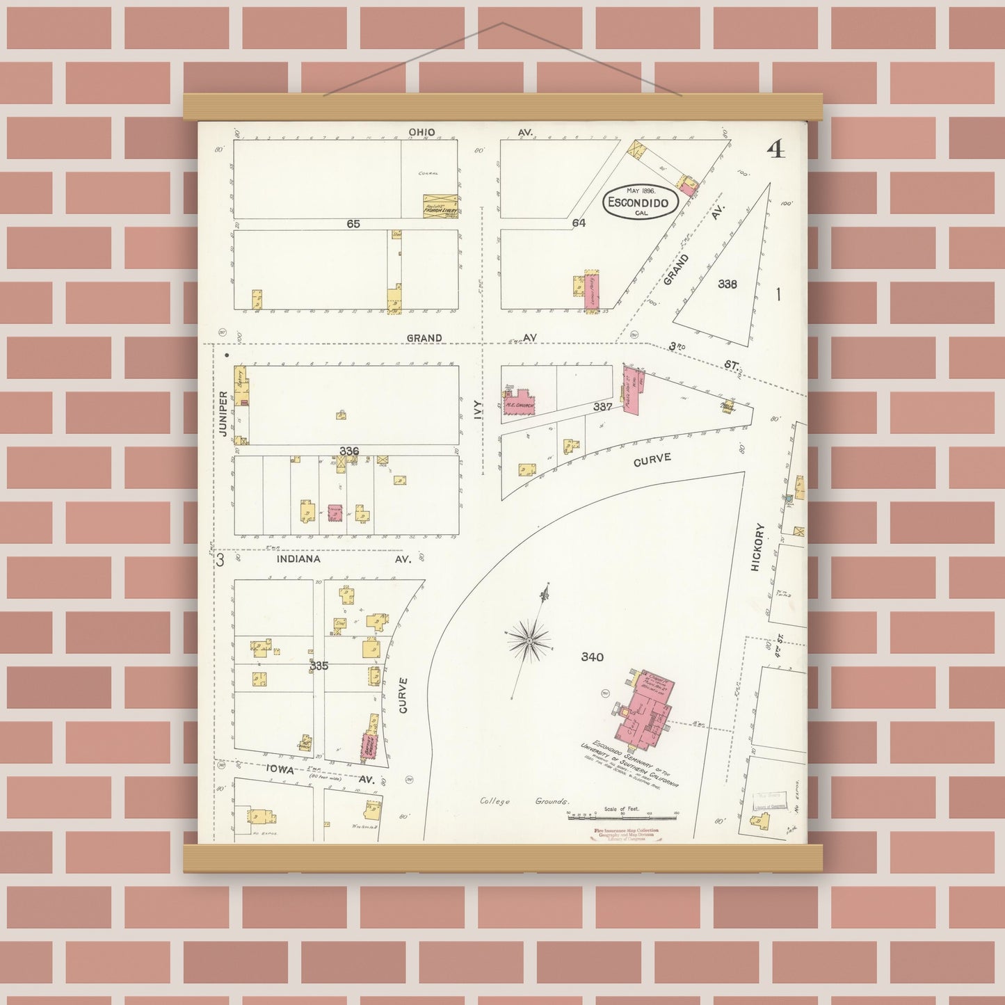 Old map wall art mockup — magnetic wood frame on brick wall — Sanborn Fire Insurance Map from Escondido, San Diego County, California (1896), Sheet #0004