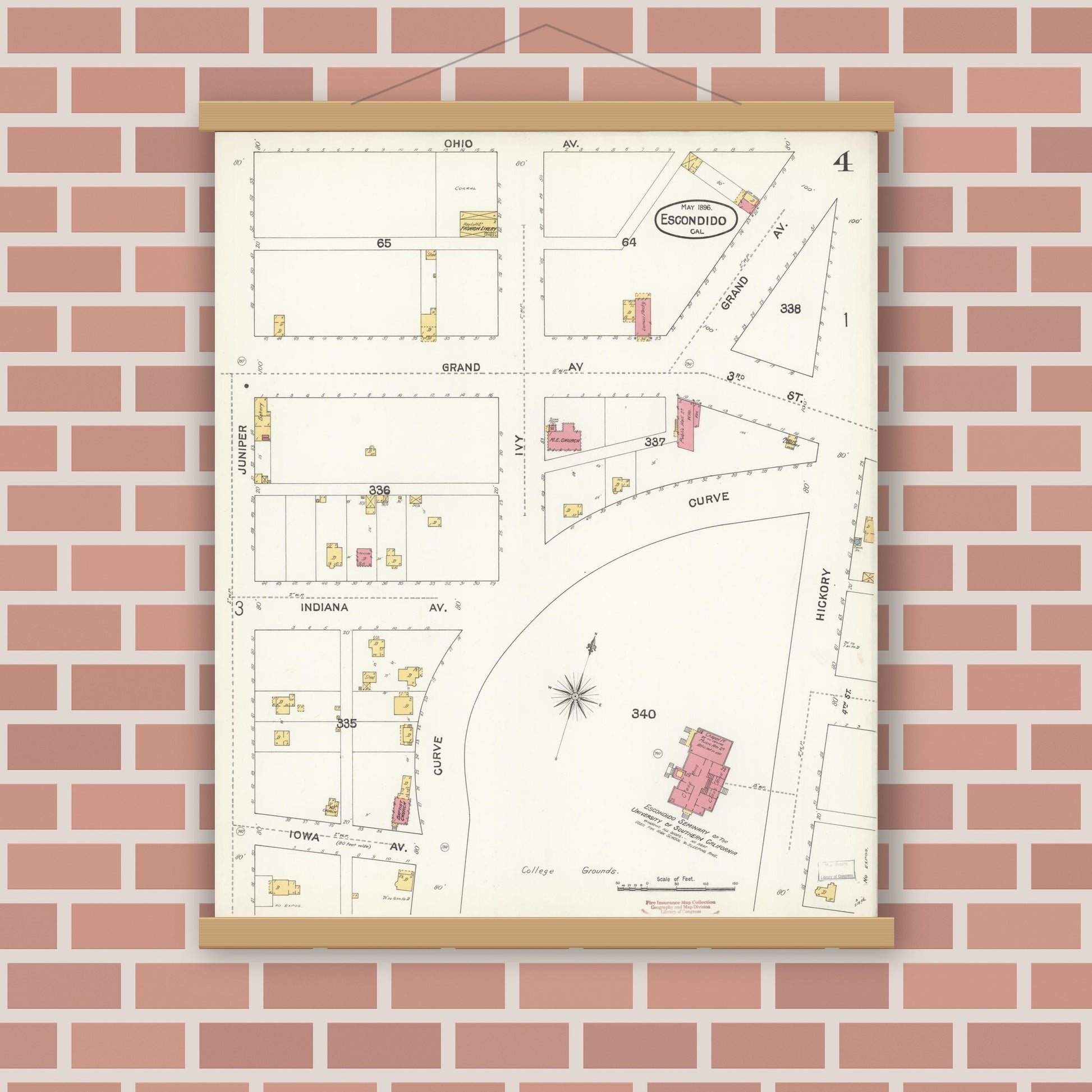 Old map wall art mockup — magnetic wood frame on brick wall — Sanborn Fire Insurance Map from Escondido, San Diego County, California (1896), Sheet #0004