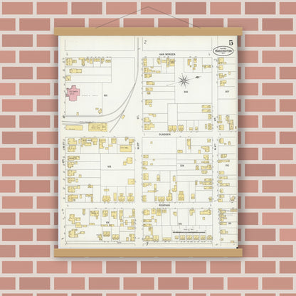 Old map wall art mockup — magnetic wood frame on brick wall — Sanborn Fire Insurance Map from Washington, Beaufort County, North Carolina (1901), Sheet #0005