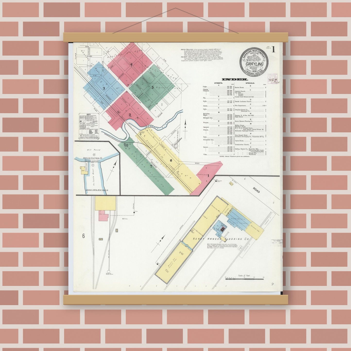 Old map wall art mockup — magnetic wood frame on brick wall — Sanborn Fire Insurance Map from Grayling, Crawford County, Michigan (1909) - Complete Map Set