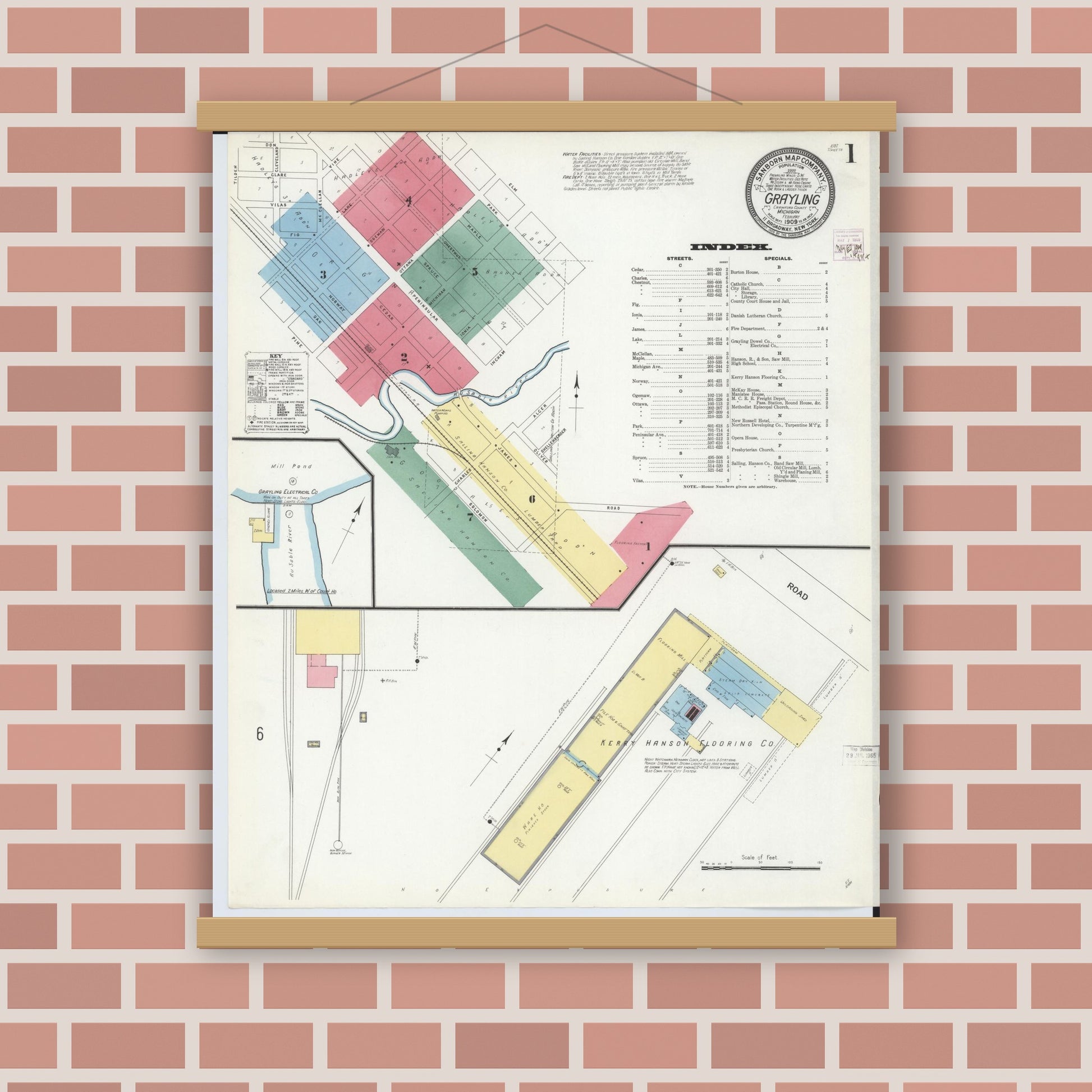Old map wall art mockup — magnetic wood frame on brick wall — Sanborn Fire Insurance Map from Grayling, Crawford County, Michigan (1909) - Complete Map Set