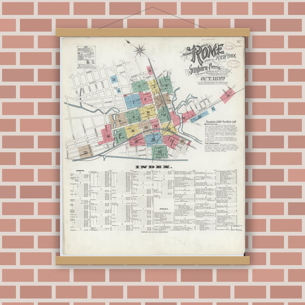Old map wall art mockup — magnetic wood frame on brick wall — Sanborn Fire Insurance Map from Rome, Oneida County, New York (1899) - Complete Map Set