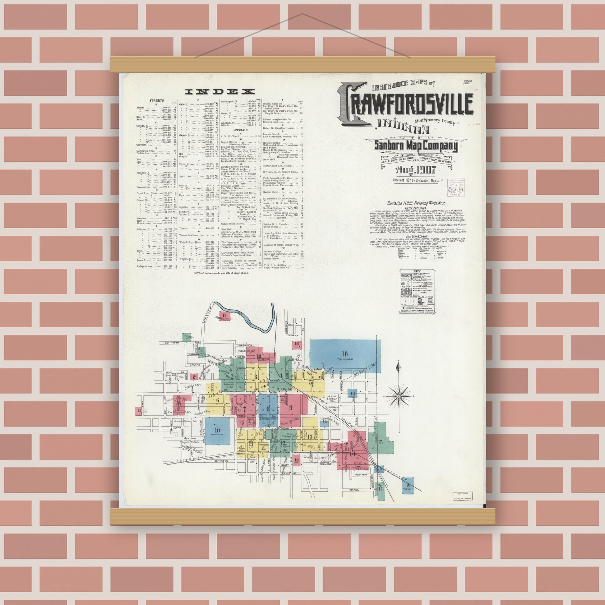 Old map wall art mockup — magnetic wood frame on brick wall — Sanborn Fire Insurance Map from Crawfordsville, Montgomery County, Indiana (1907) - Complete Map Set