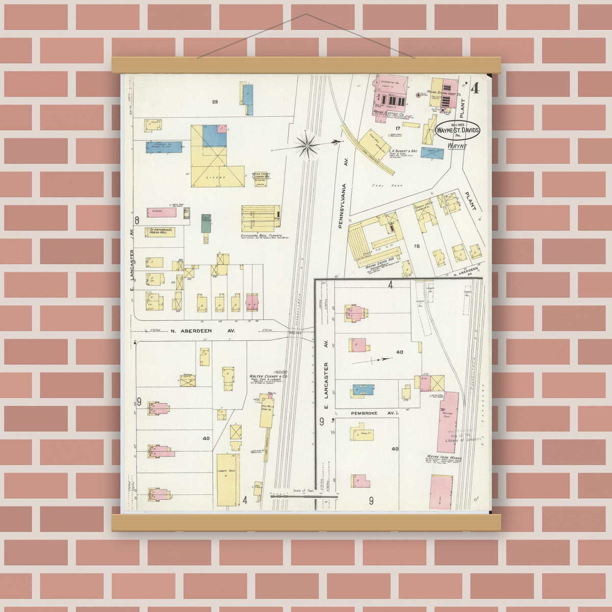 Old map wall art mockup — magnetic wood frame on brick wall — Sanborn Fire Insurance Map from Wayne, Delaware County, Pennsylvania (1909), Sheet #0004