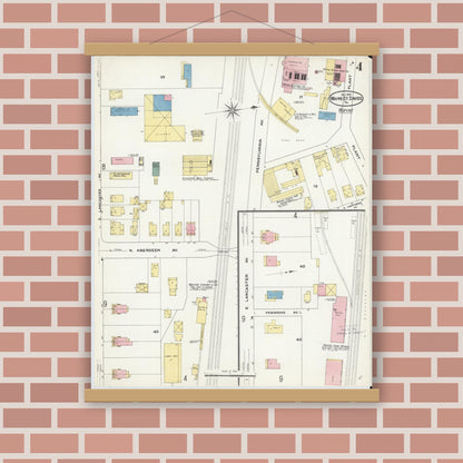 Old map wall art mockup — magnetic wood frame on brick wall — Sanborn Fire Insurance Map from Wayne, Delaware County, Pennsylvania (1909), Sheet #0004