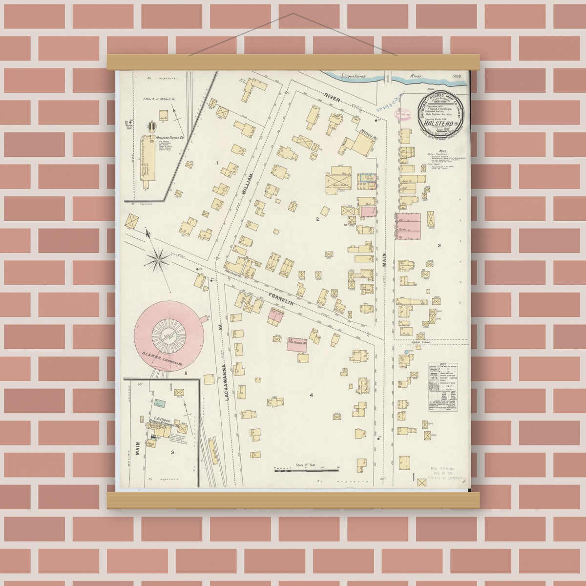 Old map wall art mockup — magnetic wood frame on brick wall — Sanborn Fire Insurance Map from Hallstead, Susquehanna County, Pennsylvania (1897), Sheet #0001
