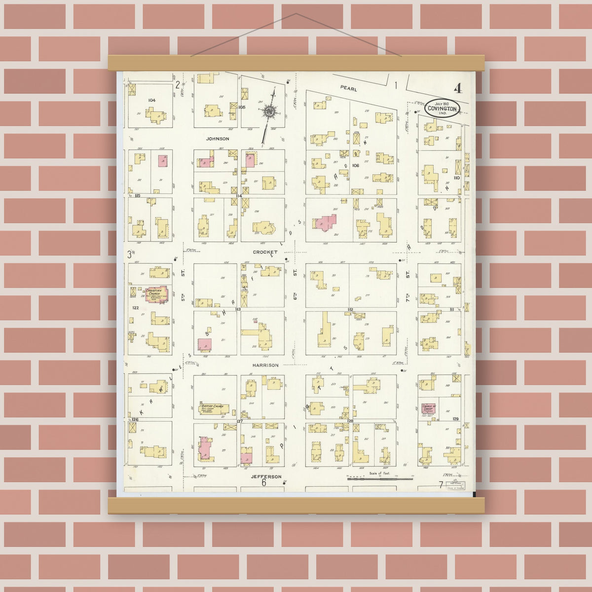 Old map wall art mockup — magnetic wood frame on brick wall — Sanborn Fire Insurance Map from Covington, Fountain County, Indiana (1910), Sheet #0004
