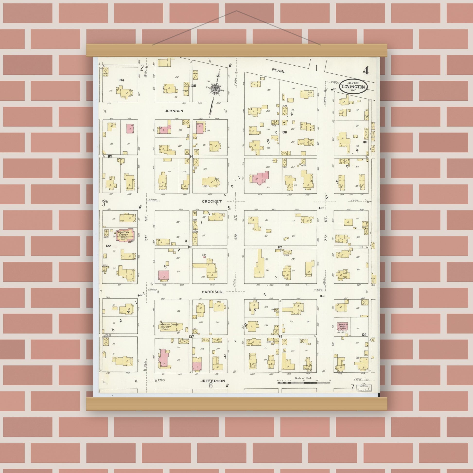 Old map wall art mockup — magnetic wood frame on brick wall — Sanborn Fire Insurance Map from Covington, Fountain County, Indiana (1910), Sheet #0004