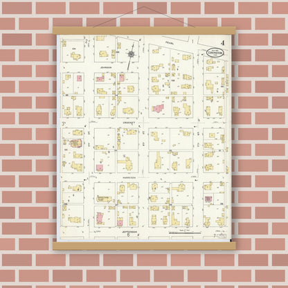 Old map wall art mockup — magnetic wood frame on brick wall — Sanborn Fire Insurance Map from Covington, Fountain County, Indiana (1910), Sheet #0004