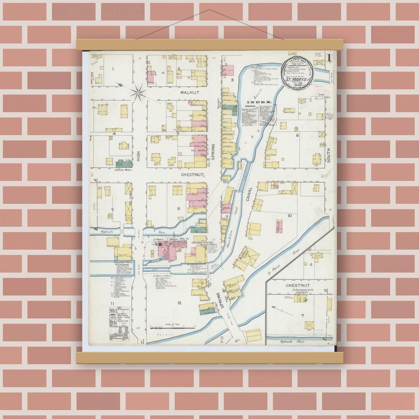 Old map wall art mockup — magnetic wood frame on brick wall — Sanborn Fire Insurance Map from Saint Marys, Auglaize County, Ohio (1892) - Complete Map Set