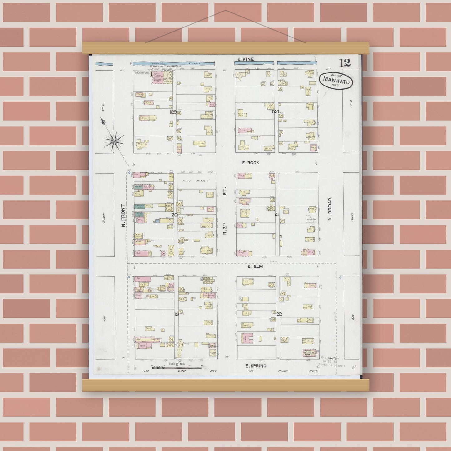 Old map wall art mockup — magnetic wood frame on brick wall — Sanborn Fire Insurance Map from Mankato, Blue Earth County, Minnesota (1889), Sheet #0012