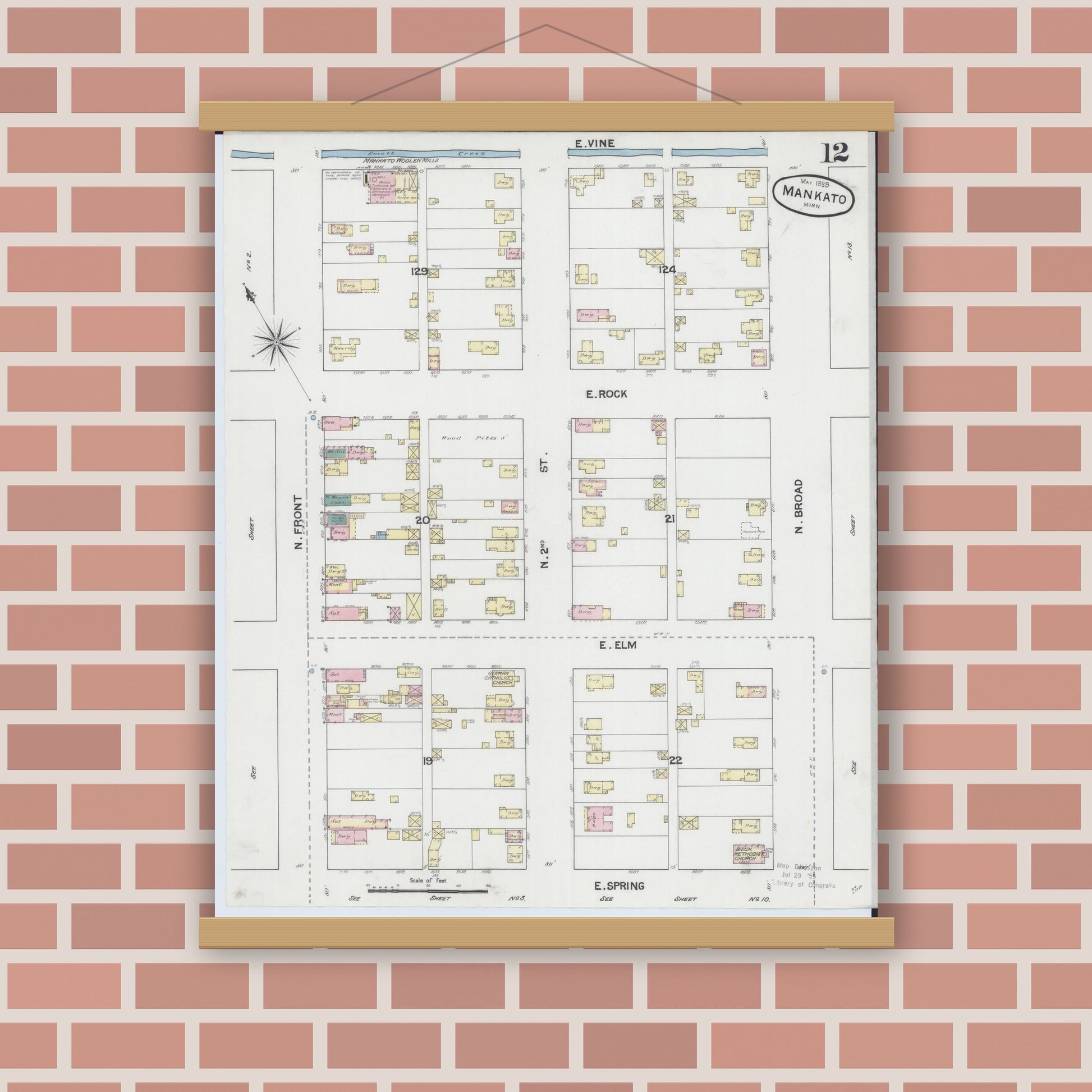 Old map wall art mockup — magnetic wood frame on brick wall — Sanborn Fire Insurance Map from Mankato, Blue Earth County, Minnesota (1889), Sheet #0012