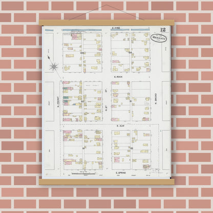 Old map wall art mockup — magnetic wood frame on brick wall — Sanborn Fire Insurance Map from Mankato, Blue Earth County, Minnesota (1889), Sheet #0012