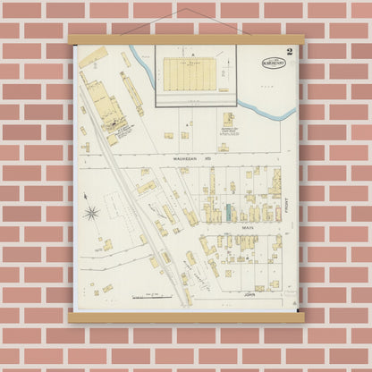 Old map wall art mockup — magnetic wood frame on brick wall — Sanborn Fire Insurance Map from McHenry, McHenry County, Illinois (1893), Sheet #0002
