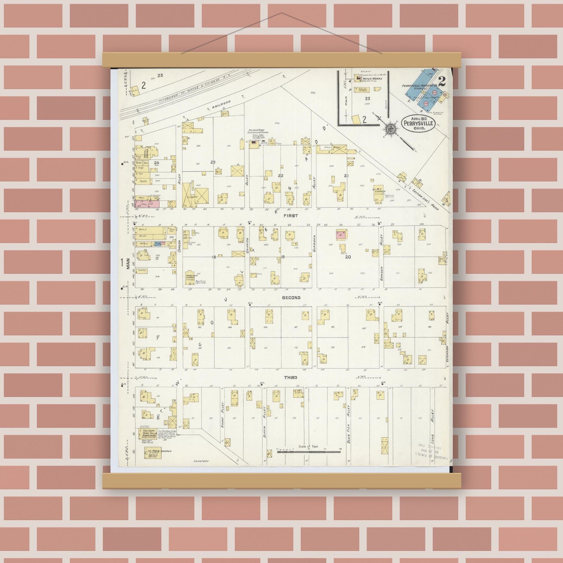 Old map wall art mockup — magnetic wood frame on brick wall — Sanborn Fire Insurance Map from Perrysville, Ashland County, Ohio (1912), Sheet #0002