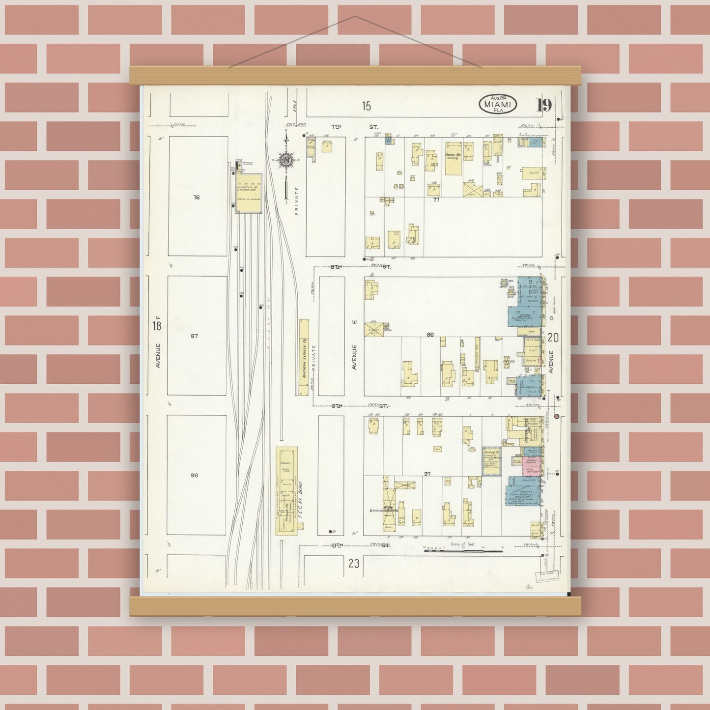 Old map wall art mockup — magnetic wood frame on brick wall — Sanborn Fire Insurance Map from Miami, Dade County, Florida (1914), Sheet #0019