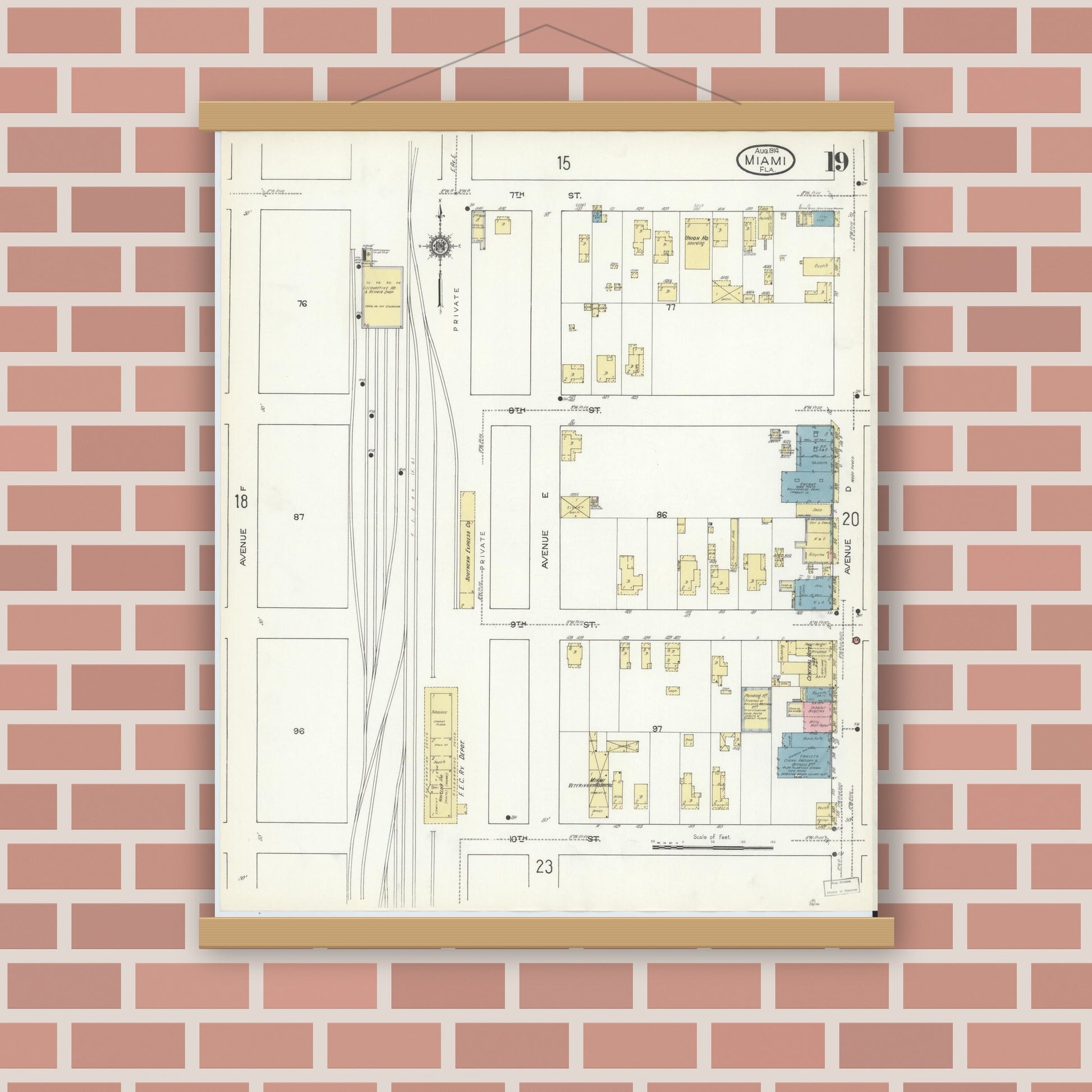 Old map wall art mockup — magnetic wood frame on brick wall — Sanborn Fire Insurance Map from Miami, Dade County, Florida (1914), Sheet #0019