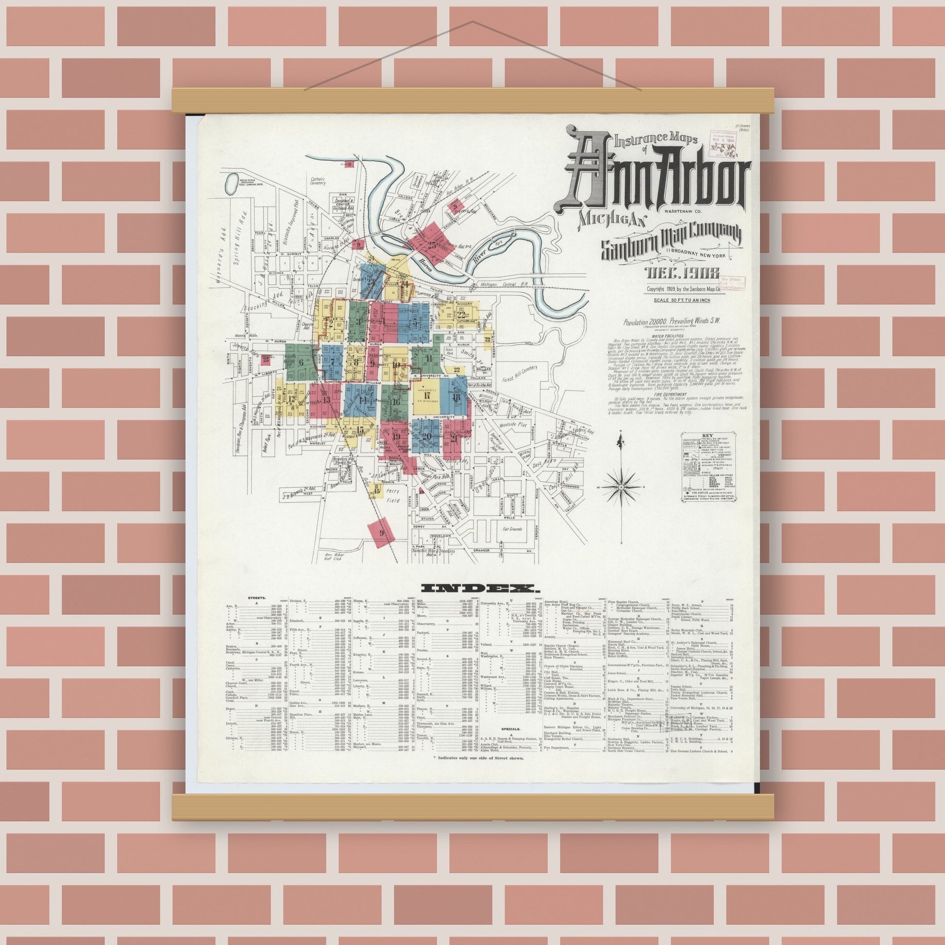 Old map wall art mockup — magnetic wood frame on brick wall — Sanborn Fire Insurance Map from Ann Arbor, Washtenaw County, Michigan (1908) - Complete Map Set