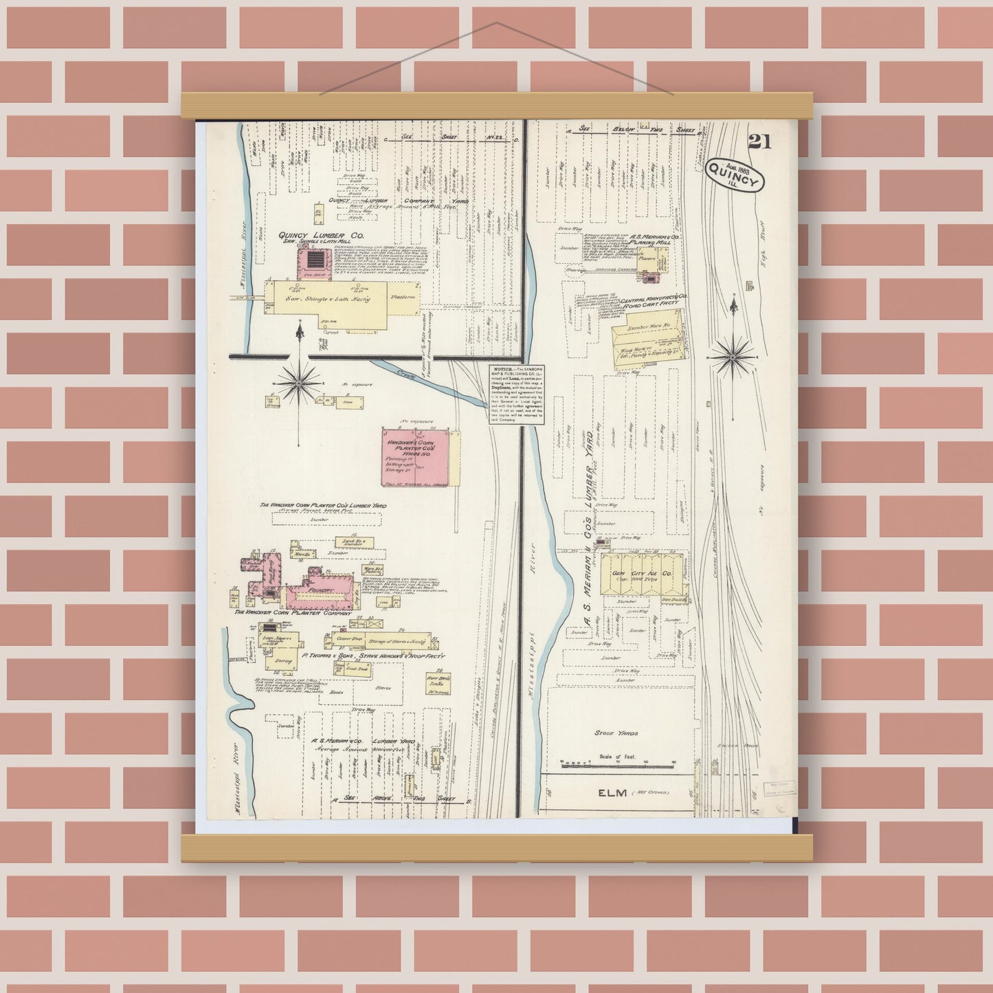 Old map wall art mockup — magnetic wood frame on brick wall — Sanborn Fire Insurance Map from Quincy, Adams County, Illinois (1883), Sheet #0021
