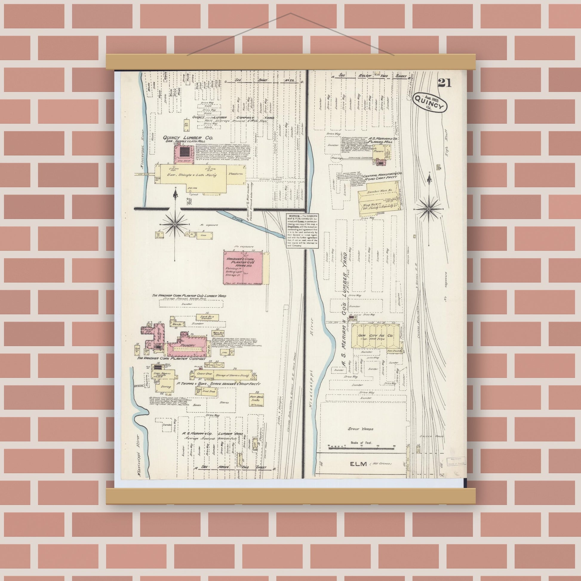 Old map wall art mockup — magnetic wood frame on brick wall — Sanborn Fire Insurance Map from Quincy, Adams County, Illinois (1883), Sheet #0021